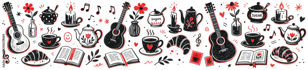 Obraz premium Charming hand-drawn black and red doodle illustrations of various cozy objects like guitars, books, coffee cups, and flowers