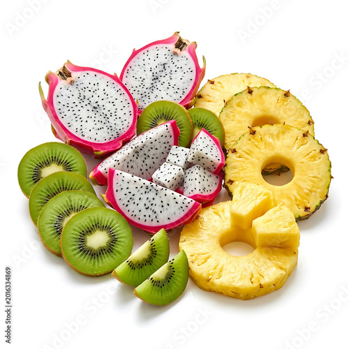 Fresh Tropical Fruit Platter with Sliced Dragon Fruit Kiwi and Pineapple Isolated on White