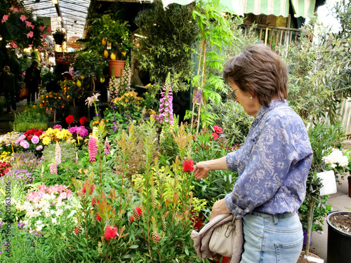 Cuadro en lienzo A woman in a blue patterned shirt examines a vibrant selection of plants at the Marché aux Fleurs Reine Elizabeth II in Paris