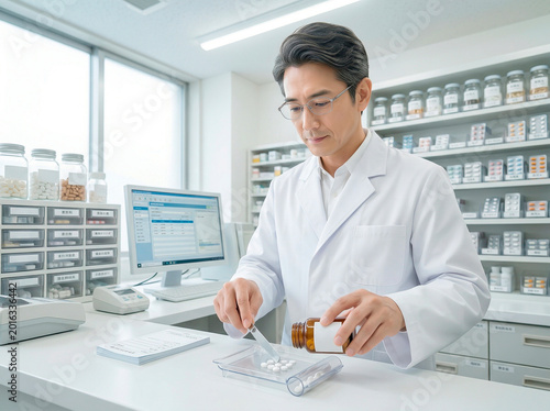 調剤薬局で薬を調合する薬剤師の男性