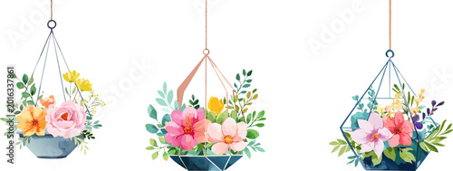 Hanging geometric planters with watercolor floral arrangements