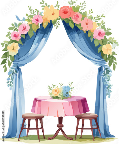 Charming wedding arch with flowers and a table for two, perfect for intimate ceremonies and romantic celebrations.