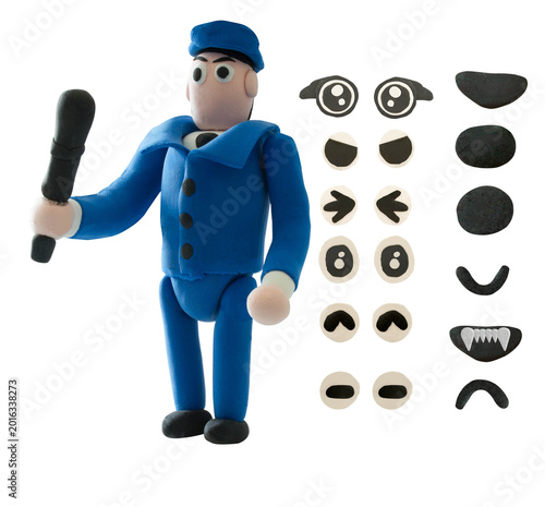 Handmade clay police officer character saluting, isolated on white background, representing respect, duty, and authority in a playful style.