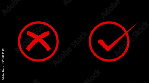 Red x mark and check mark icons side by side on black background animated cross yes correct wrong error cross yes correct wrong error