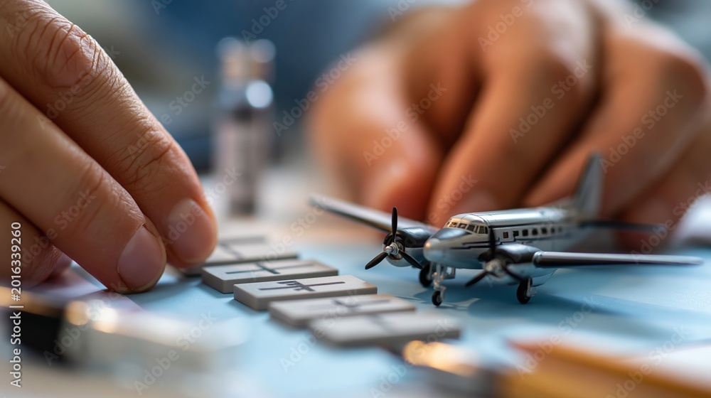 Fototapeta premium Hands Arranging Route Markers Next to Aircraft Model and Fuel Sample Vial