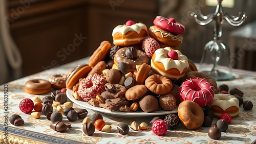 overthrow. A lavish still life of cakes and donuts spilling onto a patterned tablecloth in soft morning light. menu design.