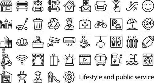 Lifestyle and public service outline icon collection featuring recreation transportation accessibility smart technology and urban facility symbols