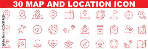 Map and location icon set. Navigation, GPS, direction, travel, route, destination, road, navigator icons. Thin line editable stroke vector illustrations.