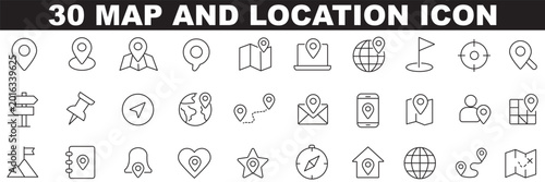 Map and location icon set. Navigation, GPS, direction, travel, route, destination, road, navigator icons. Thin line editable stroke vector illustrations.