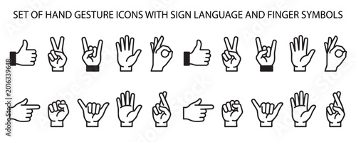 Set of Hand Gesture Icons with Sign Language and Finger Symbols