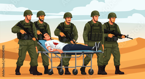Photos Military personnel carry an injured soldier on a stretcher in a desert landscape