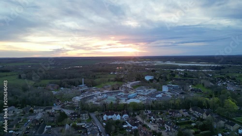 Harefield London Town During Beautiful Sunset over England United Kingdom. High Angle Drone Footage. Harefield is a village in the London Borough of Hillingdon, England, Great Britain.