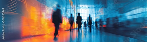 Blurred silhouettes of people walking in a modern, brightly lit corridor with abstract orange and blue light effects.