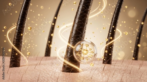 Detailed macro shot of healthy hair strands in a nourishing liquid with glowing particles treatment nutrition moisture hydration follicle cosmetic conditioner particle abstract