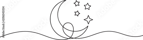 One continuous line moon and stars of isolated outline vector. one line Icon drawing