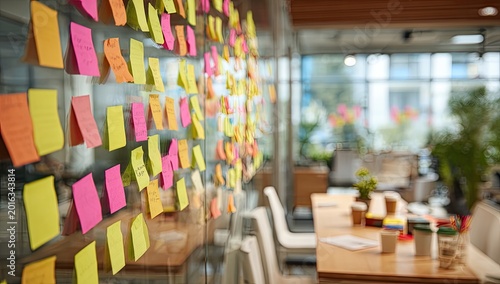Creative Office Space with Colorful Sticky Notes on Glass Wall.