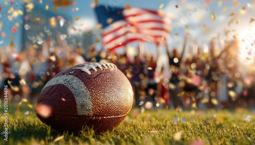 A football rests on grass with confetti falling, crowd, flag, and stadium lights
