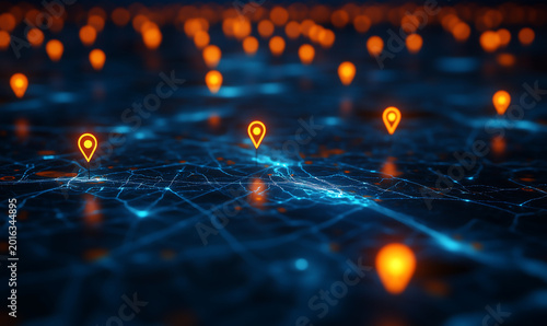 Glowing orange map pins on a network.