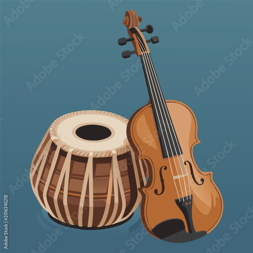 Tabla drum and violin illustration on teal background