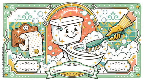 Foto Retro Vintage Cartoon Toilet Cleaning Mascot with Scrub Brush, Rubber Gloves, To