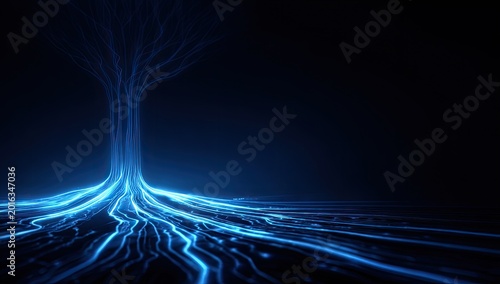 Abstract Blue Energy Flowing Network on Dark Background.