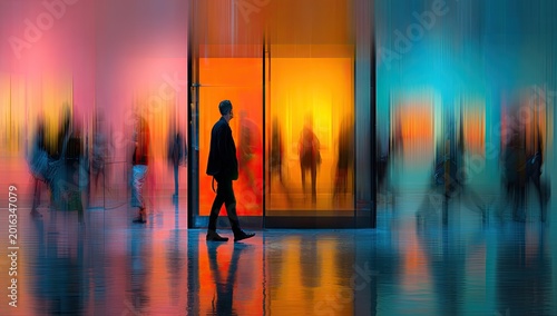 Silhouetted figure walks through a vibrant, blurred modern gallery with colorful lights