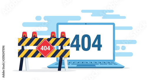 Foto Website error 404 page not found illustration showing laptop screen with barrier and caution lights representing broken links or technical site maintenance