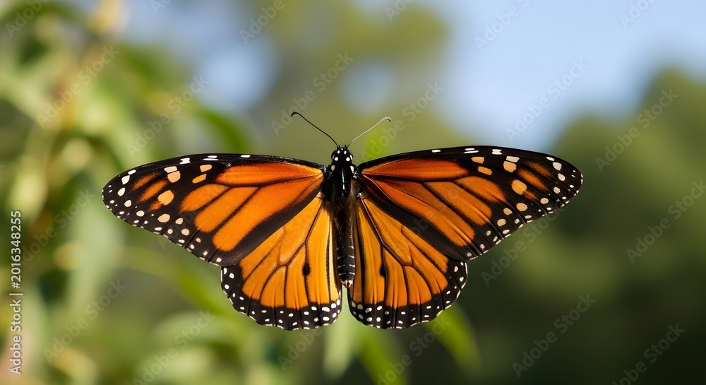 Fototapeta premium Monarch butterfly with wings spread during flight in soft green garden with blurred background bokeh