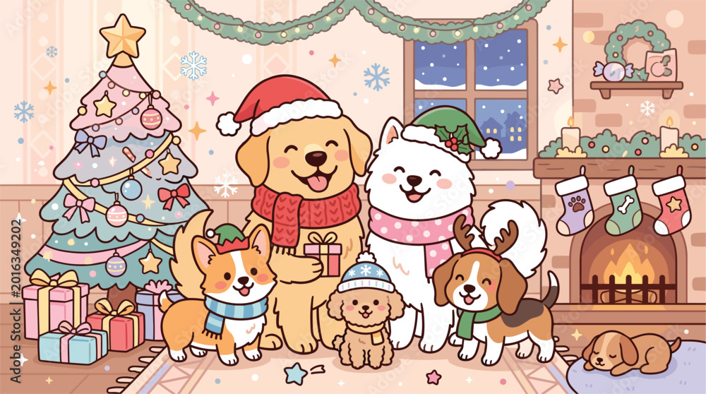 Fototapeta premium Cute Kawaii Christmas Dogs Group with Santa Hats, Scarves, Fireplace, Decorated Tree, and Cozy Holiday Indoor Scene for Pet Lovers Illustration Design