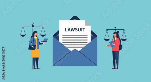Lawsuit document emerging from blue envelope with two women legal professionals and scales of justice on light background.