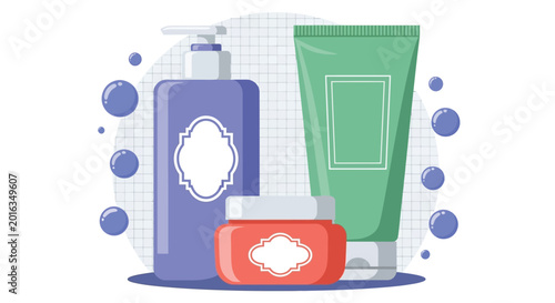 Tableau sur toile Cosmetic bottles and jars for skincare products, including pump dispenser, tube, and cream container with blank labels