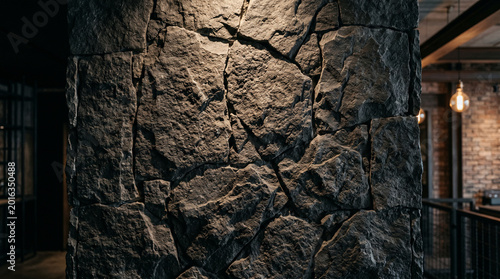 Close-up shot of a textured stone pillar with warm lighting in the background, highlighting its rugged surface and earthy tones, perfect for rustic decor and architectural inspiration