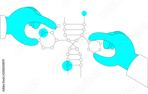 Hands in laboratory gloves modifying DNA. Vector illustration in a linear style. Horizontal banner.