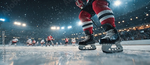 Close up of a hockey player's skates on ice, arena lights, falling snow