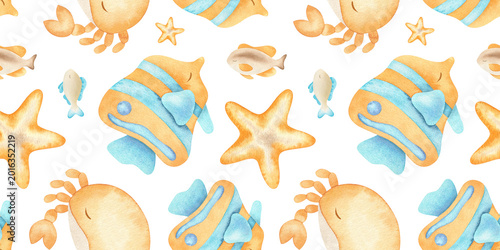 Photos Sea fish, starfish, and crabs hand painted watercolor seamless pattern