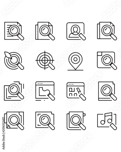 Set of hand drawn search and discovery line icons