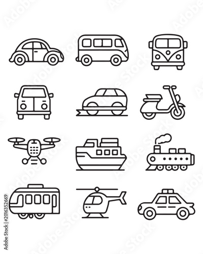 Set of simple outline transportation and vehicle icons