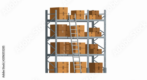 Industrial Warehouse Shelving Unit with Cardboard Boxes and Ladder Illustration