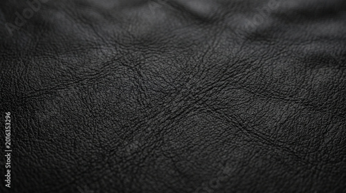 Detailed close-up view of elegant black leather texture showcasing its natural wrinkles and fine grain, creating a sophisticated and luxurious background for various design projects