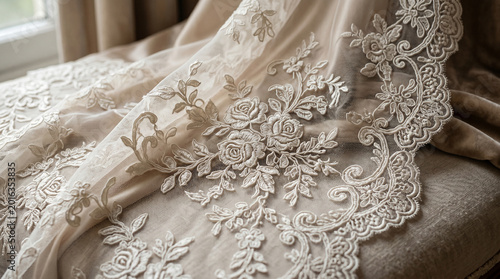 Close-up view of an exquisite lace fabric with intricate floral embroidery and a delicate scalloped edge, showcasing its texture and fine craftsmanship
