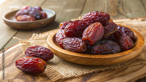Tableau sur toile Close up of fresh dates in a rustic wooden bowl on a table with delicacy nourish