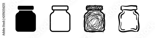 Set of Four Glass Jar Icons in Different Styles: Solid Silhouette, Simple Outline, Scribble Sketch, and Hand-Drawn Design, Isolated on White Background