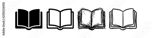 Obraz na płótnie Set of Four Open Book Icons in Different Styles: Solid Silhouette, Line Art, Han