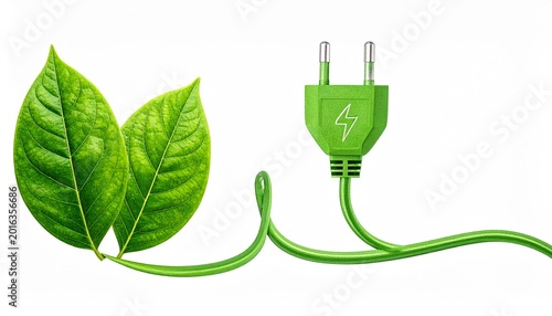 Green energy plug, eco-friendly electricity concept with leaves and lightning symbol
