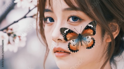 Young woman with blue eyes has butterfly on face. Delicate butterfly rests near her nose and cheek. Cherry blossoms bloom softly in background. Peaceful mood.