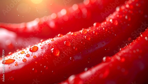 Ultra-realistic macro close-up of fresh red chili pepper, showing glossy skin texture, tiny water droplets, deep red color, soft natural lighting, shallow depth of field, isolated subject, photorealis