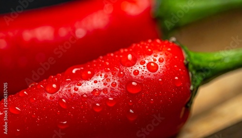 Ultra-realistic macro close-up of fresh red chili pepper, showing glossy skin texture, tiny water droplets, deep red color, soft natural lighting, shallow depth of field, isolated subject, photorealis