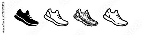 Set of four running shoe icons in various styles including solid silhouette clean outline scribble sketch and hand drawn line art minimalist black and white sneaker illustrations for sports gear