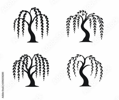 Four black silhouettes of weeping willow trees in various poses, representing nature's beauty
