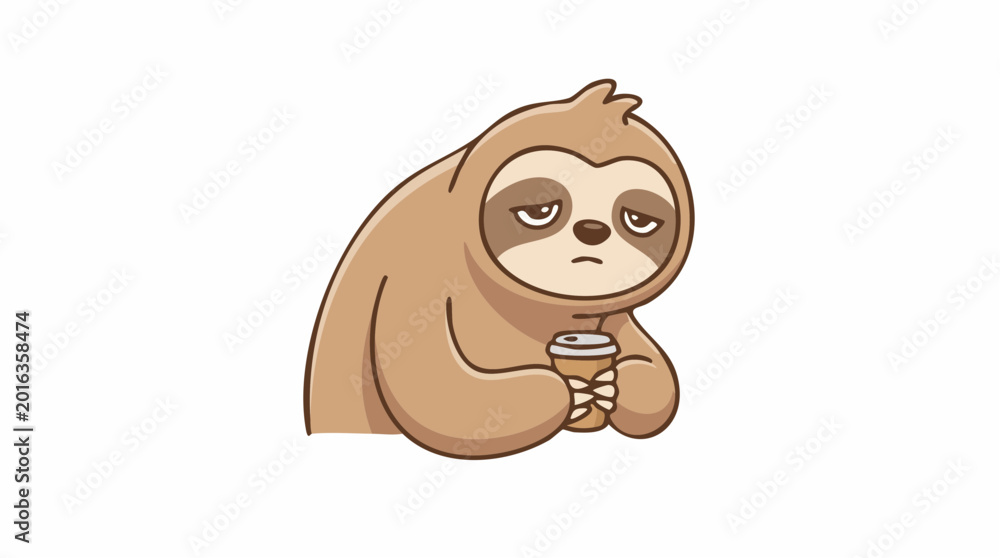 Obraz premium Cute Sleepy Sloth Mascot Holding A Cup Of Coffee, Vector Illustration Design.